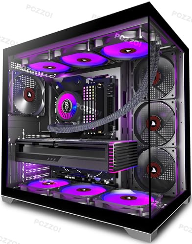 PCZZOI PC CASE ATX 4 Fans Pre-Installed, Type-C Mid Tower Computer Case with Full-View Dual Tempered Glass, Gaming PC Case,Black,K4