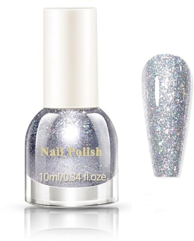 Silber Glitzernagellack, Schnelltrocknender und langanhaltender Nagellack mit Holografischer ohne UV-Lampe, Glitzernder Silver Nail Polish Nail Art für Frauen(Silber, 10ML)