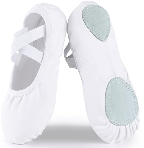 Acfoda Balettskor flickor kanvas ballerina dans platt lädersula för barn vuxna, Vitt, 41 EU
