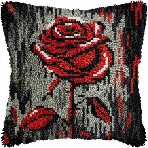 KnüpfKissen Set Erwachsene Kinder mit vordruck Rote Rose Blume Schwarz Grau knüpfteppich zum selber knüpfen Kissenbezug Anfänger DIY Handarbeit Stickerei Sets Handgemachtes Handwerk Sofa Wohnkultur 43