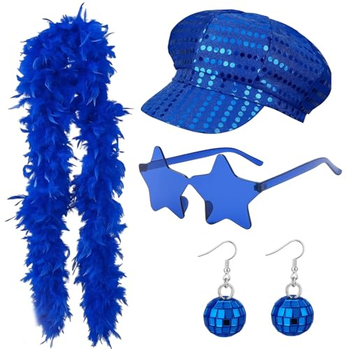 4-Piece Abba Accessories Set, Blue Feather Boa with Sequin Hat, Funky Earrings and Star Glasses, Retro Disco Dress Up for Women, Perfect for Theme Parties, Dance Performances and Music Festivals
