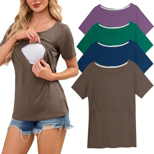 Smallshow Lot de 4 hauts d'allaitement côtelés à manches courtes pour femme, Marron/vert foncé/lilas-bleu sarcelle (lot de 4), S