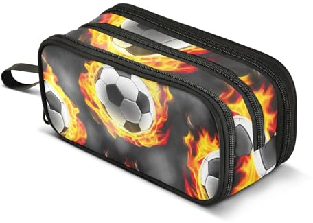 Cool Soccer Balls Fire Gray Pencil Pouches Zipper Pencils Case Pencil Storage Bag Boys Pen Bags Teen Girls Big Capacity College Preppy School Office Supplies 8.86x3.54x4.33in