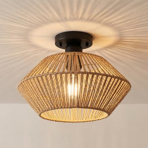 Boho Rattan Deckenleuchte Vintage E27 – Handgewebter Papierrattan Lampenschirm, 33cm Rustikal Deckenlampe für Schlafzimmer, Wohnzimmer, Flur, Küche & Esszimmer, Korb-Design, Schwarz (Ohne Leuchtmittel