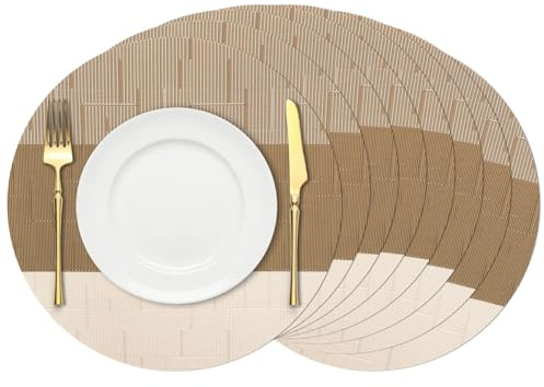 Chitomars Tovagliette Rotonde Tovagliette Americane Lavabili Set di 8 | Tovagliette Colazione Plastica PVC Tovaglietta Americana Rotonde 38cm Resistenti al Calore (Beige Marrone, Set di 8)