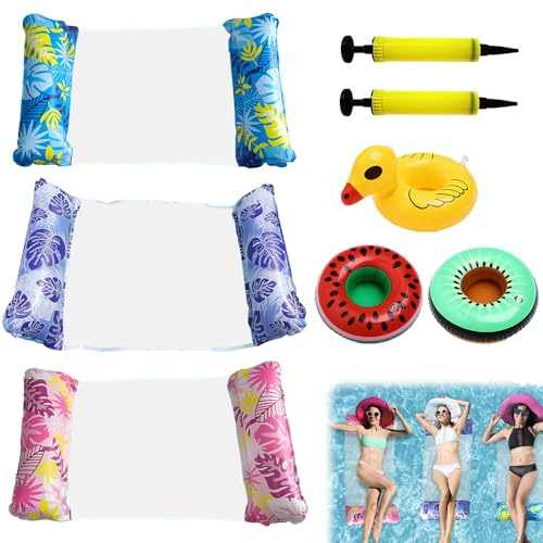 Jonuin 3 Pack Pool Inflatables Water Hammock, 4 in 1 Inflatable Pool Float Hammock with 2 Air Pumps & 3 Drink Holder, Lilo Pool Inflatables, Relaxing Pool Lounger, Swimming Pool Chair for Beach Adults