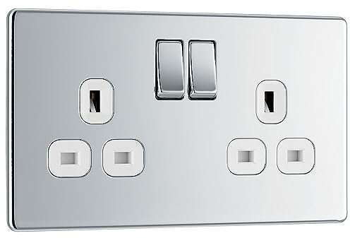 BG Electrical Double Switched Power Plug Wall Socket, Flatplate Screwless, Polished Chrome, White Inserts, 13A, FPC22W