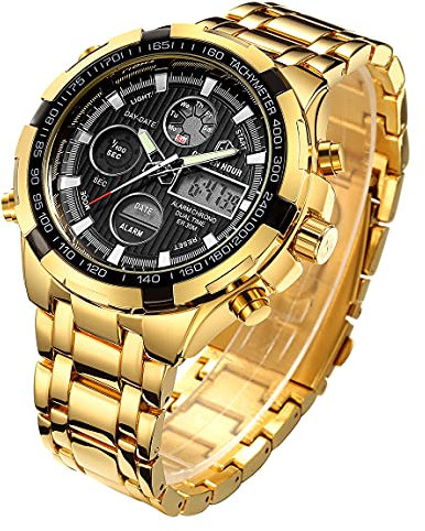 Affute Mens Watches Gold Stainless Steel Heavy Sport Waterproof Date Alarm Multifunction Analog Digital Watch-(Gold Black)