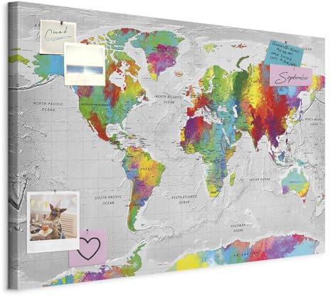 murando - Tableau à Épingles et Peinture sur Toile Combinés 90x60 cm - Avec Crochets Clous et Punaises Argentées - Panneau en Fibres pour Notes et Affichage - Carte du monde k-A-0128-v-a