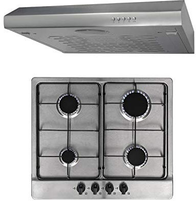 SIA 60cm 4 Burner Gas Hob & Stainless Steel Slim Visor Cooker Hood Extractor Fan