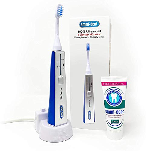 Emmi-dent Electric Ultrasonic Toothbrush Set with Gentle 100% Ultrasound Cleaning Technology. Ideal for Sensitive Teeth & Gums, Plaque Removal and More! Includes Nano-Bubble Toothpaste. Rechargeable.