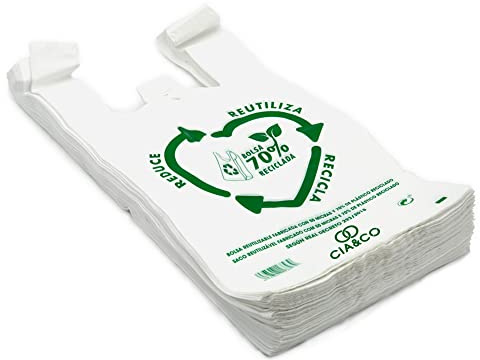 Sacs en plastique de type T-shirt, réutilisables et 70 % recyclés. Tailles variées. Grande résistance. 70 % recyclés. Conforme aux normes. Adaptés à un usage alimentaire.