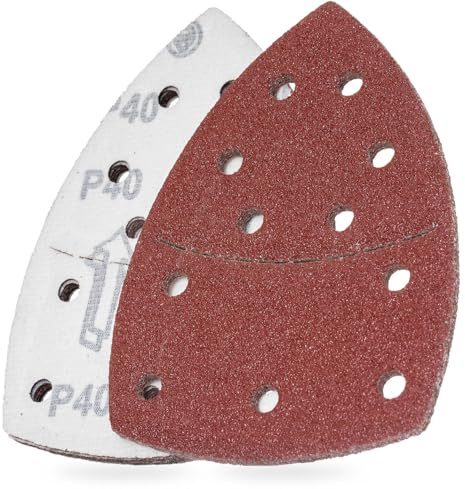 YoiYee Lot de 10 feuilles abrasives à grain 40, papier abrasif triangulaire delta, fermeture auto-agrippante, 11 trous, accessoires pour ponceuse multi-ponceuse, rouge