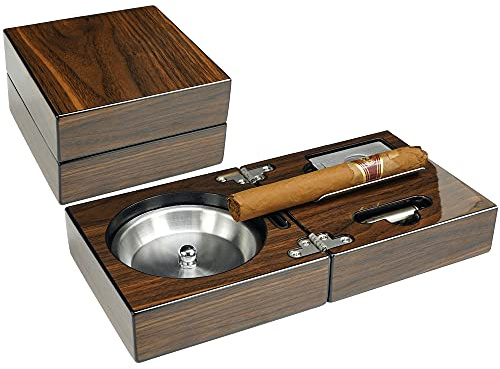 OYHBO Posacenere in legno per sigari con tagliasigari e punzonatrice, lucido, pieghevole, compatto, idea regalo