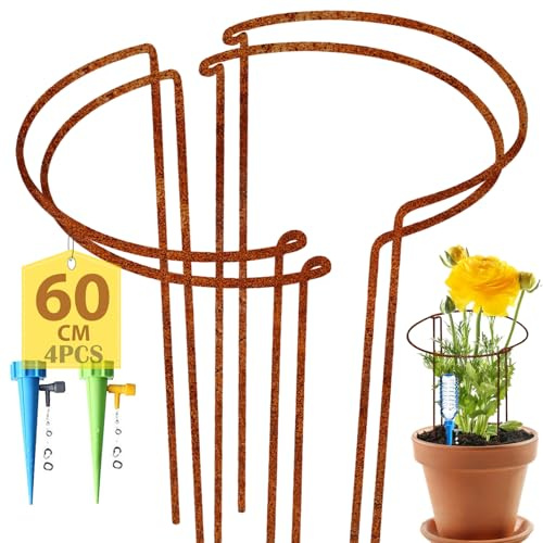 KAZITOO 4 Pack 60cm Tall Rusty Bow Plant Support Stakes, Large Half Round Natural Rust Flower Support Ring Cage with 2 Self Watering Spikes, Strong Metal Garden Border for Peonies, Hydrangea,Monstera