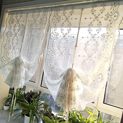 Lactraum Raffrollo Raffgardine Küche Weiß Tranparent Bestickt Vintage Eisblume Blumen H130 x B80 cm (1er Pack)