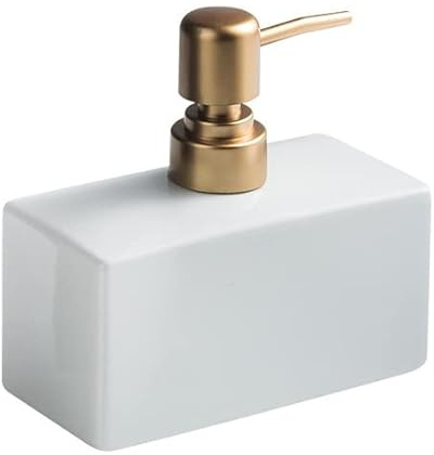 Dispenser di sapone moderno con pompa dorata opaca per bagno, dispenser rettangolare in ceramica da 382,7 g, dispenser di sapone per piatti ricaricabile (bianco)