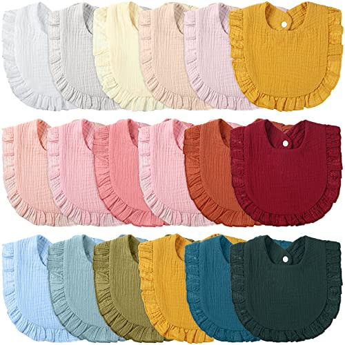 Kenning 18 Pcs Muslin Drool Baby Bibs Ruffle Absorbent Bib with Snap Button Boy Girl for Drooling Teething Infant Newborn(Classic)