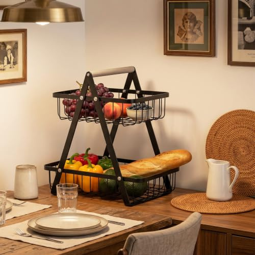 YRHome 2 Etagen Obstschale Etagere aus Metall Schwarz - Obstkorb, Brotkorb, Gemüsegestell Mit Holzgriff - Abnehmbar Obst Halter für Küche Lager - Gemüse Snacks