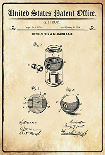 DekoDrom® Blechschild 20 x 30 cm US Patent Billard Kugel Sport Hobby historisches Motiv Wand Deko Sammler Geschenk
