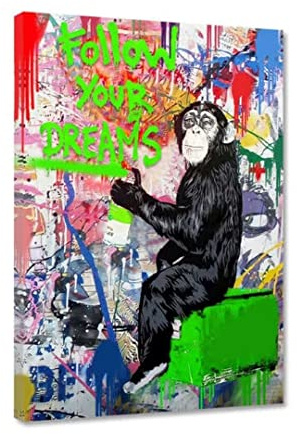 Hustling Sharks® Leinwandbild als Wandbild Follow your Dreams - Leinwand im Hochformat, Pop-Art-Bild, Leinwand Pop-Art, bunte Bilder, Wohnzimmer Bild, Affe Bild, Buntes Bild (40x60cm)