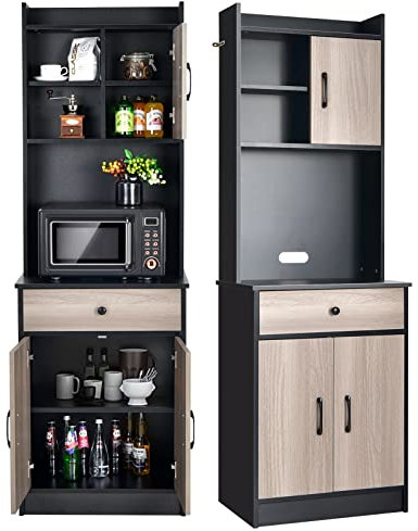 GIANTEX Küchenschrank Buffetschrank Küche, Mehrzweckschrank 60cm Breit, Mikrowellenschrank Hoch 180cm, Aufbewahrungsschrank mit Schublade & verstellbaren Einlegeböden, Hochschrank mit Kippsicherung