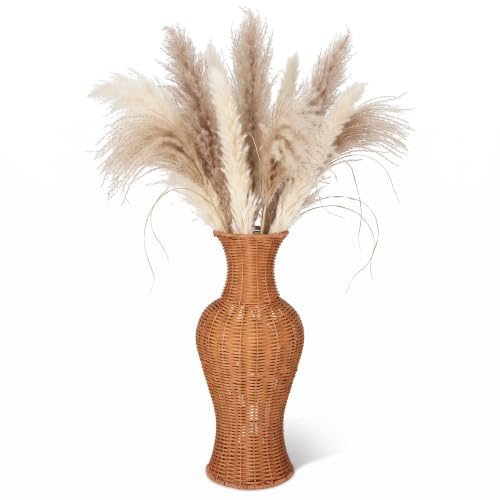 Rattan Wicker Woven Flower Vase, 17 Tall Handmade Wicker Vase for Dried Flowers & Pampas Grass, Rustic Farmhouse Floor & Tabletop Urn for Living Room Entryway Boho Decor (Light Brown)