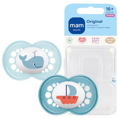 MAM Ciuccio originale, 16+ mesi, 94% di accettazione, adatto all'allattamento, consigliato dalle ostetriche, delicato sui denti, in silicone SkinSoft, balena/barca, 2 pezzi