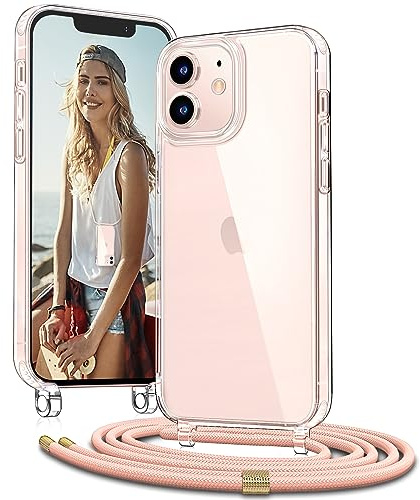 Vaykwo Handykette mit Band für Apple iPhone 12 Mini Hülle - Necklace Handyhülle - Transparente Case zum Umhängen mit Kameraschutz und Bildschirmschutz - Rosa | Necklace Handyhülle, Transparente Case zum Umhängen, Verstellbar und Abnehmbar