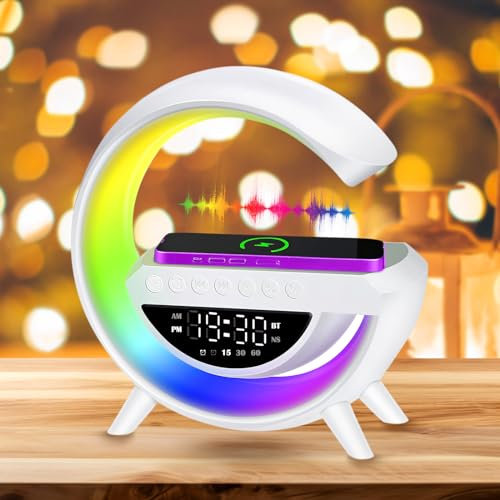 HENGBIRD 15W Lampe de table intelligente Chargeur sans fil Lampe Led Réveil Lampe d'ambiance avec haut-parleur Bluetooth Feux de course éblouissants 13 Modes Lumières pour bureau Chambre Cadeau