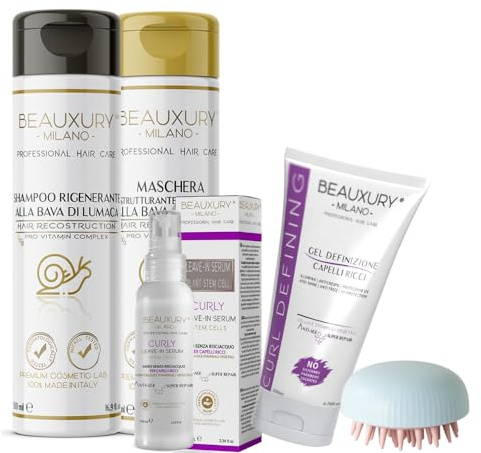 Kit Luxury per Capelli Ricci Shampoo 500 ml + Maschera 500 ml + Leave-in Curly Riparatore alle Cellule Staminali Vegetali + Gel Definizione + Spazzola Brush