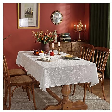 KnSam Tischwäsche, Blumen Gestickt mit Spitze Tischdecke Baumwolle Tischtuch Biertisch Fleckschutz Schmutzabweisend Mitteldecke für das ganze Jahr, 130x260CM, Weiß