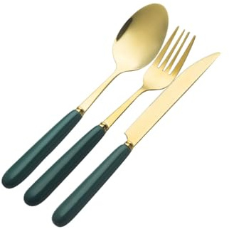 PEKJI Vajilla con Mango de cerámica Retro Verde, Juego de Cubiertos de Acero Inoxidable, Cuchillo, Tenedor, Cuchara, Espejo Pulido