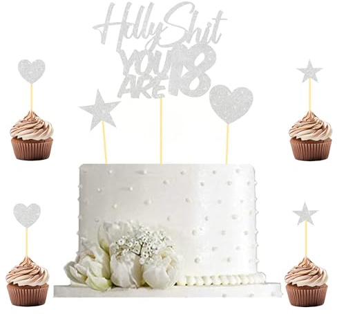 Holly Shit you are 18 Birthday Cake Topper Set, 18th Birthday Cake Topper with Heart Star Cupcake Cake Topper Picks Glitter Cake Decoration for Birthday Party Cake Supplies - 9pcs (Silver)