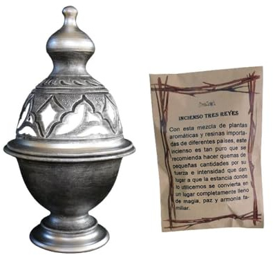 Incensario Artesanal Hecho a Mano diseños - Soporte para Incienso en Grano y de Semana Santa - Bolsa de 50 Gramos de Incienso Tres Reyes (CÁLIZ 2 Plata)