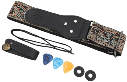 Vintage-Gitarrengurt mit Stickerei für Akustischen E-Bass, Verstellbare Länge, Doppelschichtiges, Verstärktes Ende mit Plektren für Erwachsene und Kinder (OD Grün)