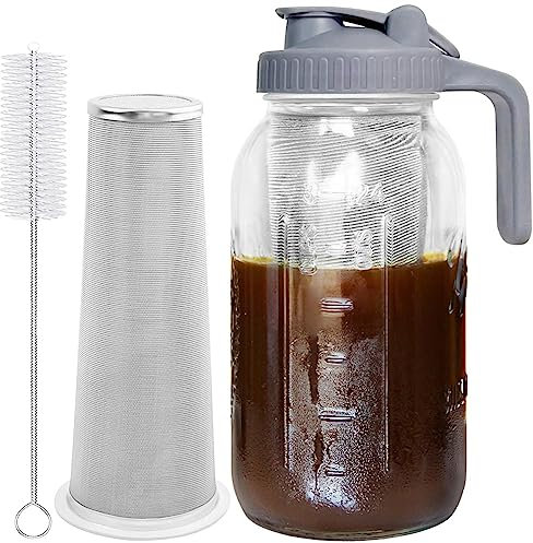 iFutniew Cafetera fría de 64 onzas, jarra de infusión fría con filtro súper denso de acero inoxidable para café helado, tarro de infusión fría, filtro de tarro de infusión fría, té helado-B
