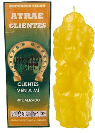 Velón Atrae Clientes | Velón Ritualizado para Atracción de Ventas, Ingresos, Compras, Abundancia y Prosperidad | Con Bolsita con Polvos Dorados, Aceite Litúrgico e Instrucciones con Oración.