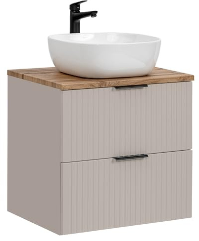 Lomadox Badezimmer Waschtisch 60cm, in Kaschmir und Eiche, mit 2 Softclose-Schubladen mit Keramik-Waschbecken