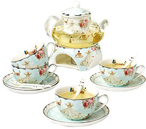 PUFAHAU Service à thé Floral européen Moderne, théière en Verre chauffante avec 4 Tasses à thé et 4 soucoupes, Service à café en Porcelaine Anglaise, Cadeau de Mariage et pour la Maison