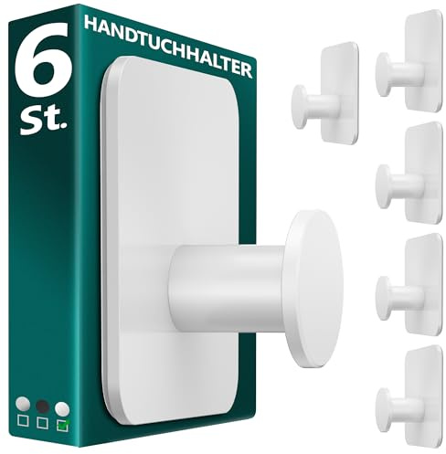 Menz Handtuchhalter ohne Bohren in Weiß, 6 Stück – Robuste Badezimmer Handtuchhalter, moderne Klebehaken, Haken fürs Bad, Haken selbstklebend, ideal als funktionale Handtuchhaken