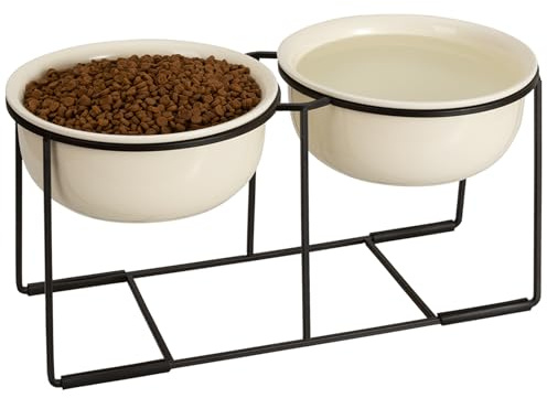 Hundenapf Set Erhöht Hundenäpfe Keramik - Doppel Fressnapf Hund Groß mit Rutschfestem Metallständer - Hunde Napfset für Futter Wasser - Ideal für Mittelgroße und Große Hunde - 2 x 1400 ml - Beige