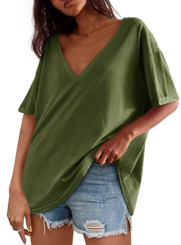 Tankaneo Damer överdimensionerad t-shirt kortärmad v-ringad sommartoppar enfärgad basic t-shirts skjortor casual lös tunika toppar blus, Armégrön, S