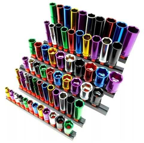 Dunnet Tools Standard and Deep Socket Sets 1/4 3/8 1/2 64pc Coloured Socket Sets 1/4 3/8 1/2 Inch Heavy Duty Sockets On Storage Rail Metric 4-24mm Tool Set Plumbing Electrician Mechanic Tools