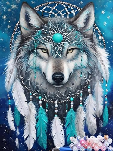 Malen Nach Zahlen Wolf, DIY Malen nach Zahlen für Erwachsene Bastelset, Acrylfarben Kunst Inklusive Pinsel, Traumfänger Paint by Numbers für Deko Wohnzimmer Aesthetic Geschenke für Frauen 50x60cm M-0
