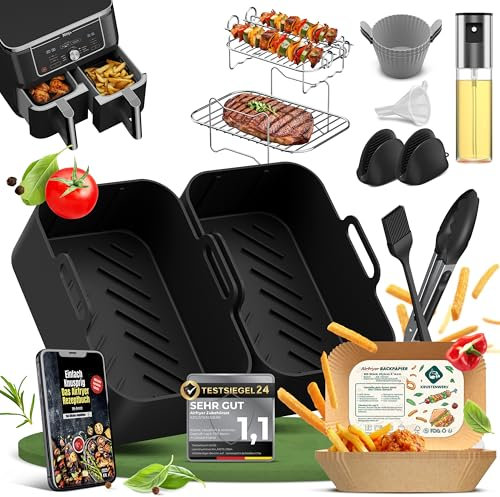 KRUSTENWERK® Ninja Heißluftfritteuse Zubehör | Airfryer Zubehör Ninja AF400EU 7.6-9.5L | Exakte Passform & dickeres Silikon | E-Book mit 150 Rezepten | Zubehör Heißluftfritteuse inkl. Backpapier