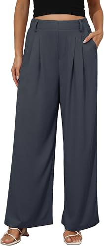Timuspo Pantalones de pierna ancha para mujer, estilo palazzo, estilo informal, de negocios, cintura elástica, elegantes, holgados, con bolsillos, Gris Profunda, M