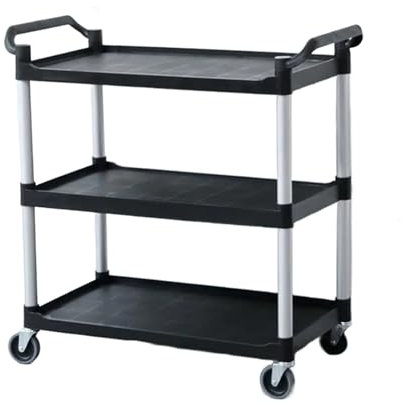 Robuster Rollwagen mit 3 Ablagen und feststellbaren Rädern – vielseitiger Servicewagen für Lager, Garage, Büro und Zuhause – schwarzes Kunststoff-Design