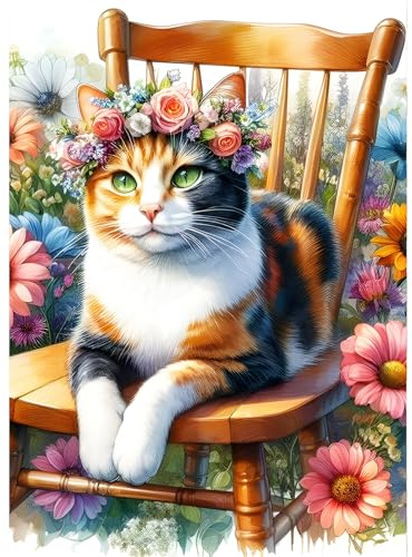 QINRUBB DIY Calico-Katze Diamant Painting Bilder Anfänger, 5D Katze auf Einem Hocker Diamond Painting Erwachsene, Runder Vollbohrer Blumen Diamant Kunst Kits Kreuzstich Home Wand Dekor 30x40 cm