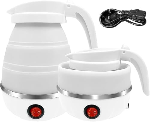 Foldable Electric Kettle, Mini Travel Kettle, Portable Collapsible Kettle for Camping with Separable Power Cord, Fast Boiling, 600ML (White)